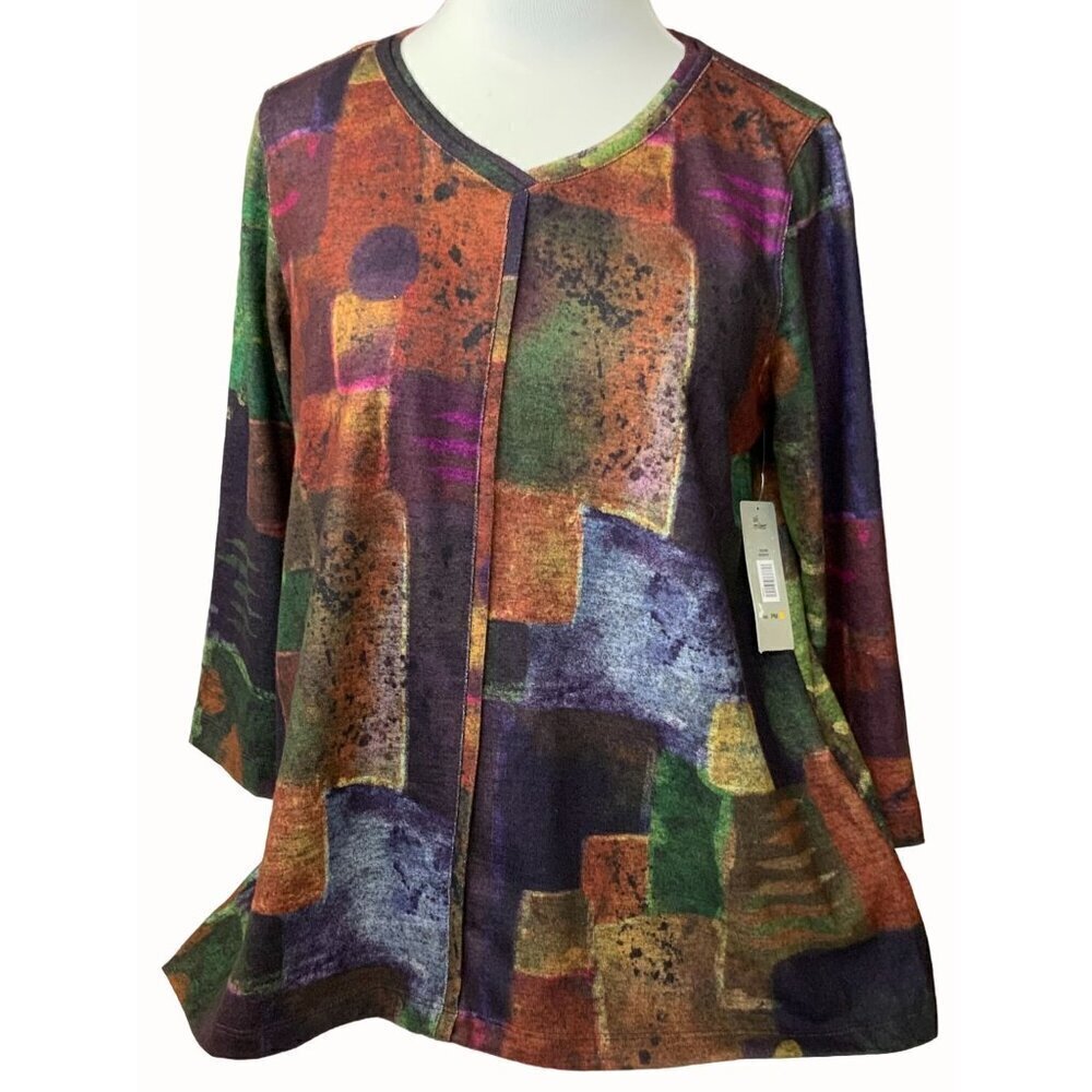 Ali Miles Petite quarter sleeve vneck graphic multicolor color block top NEW PM